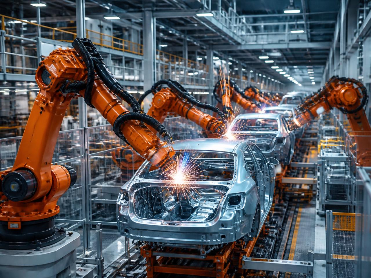 Automated automotive manufacturing line with robotic arms