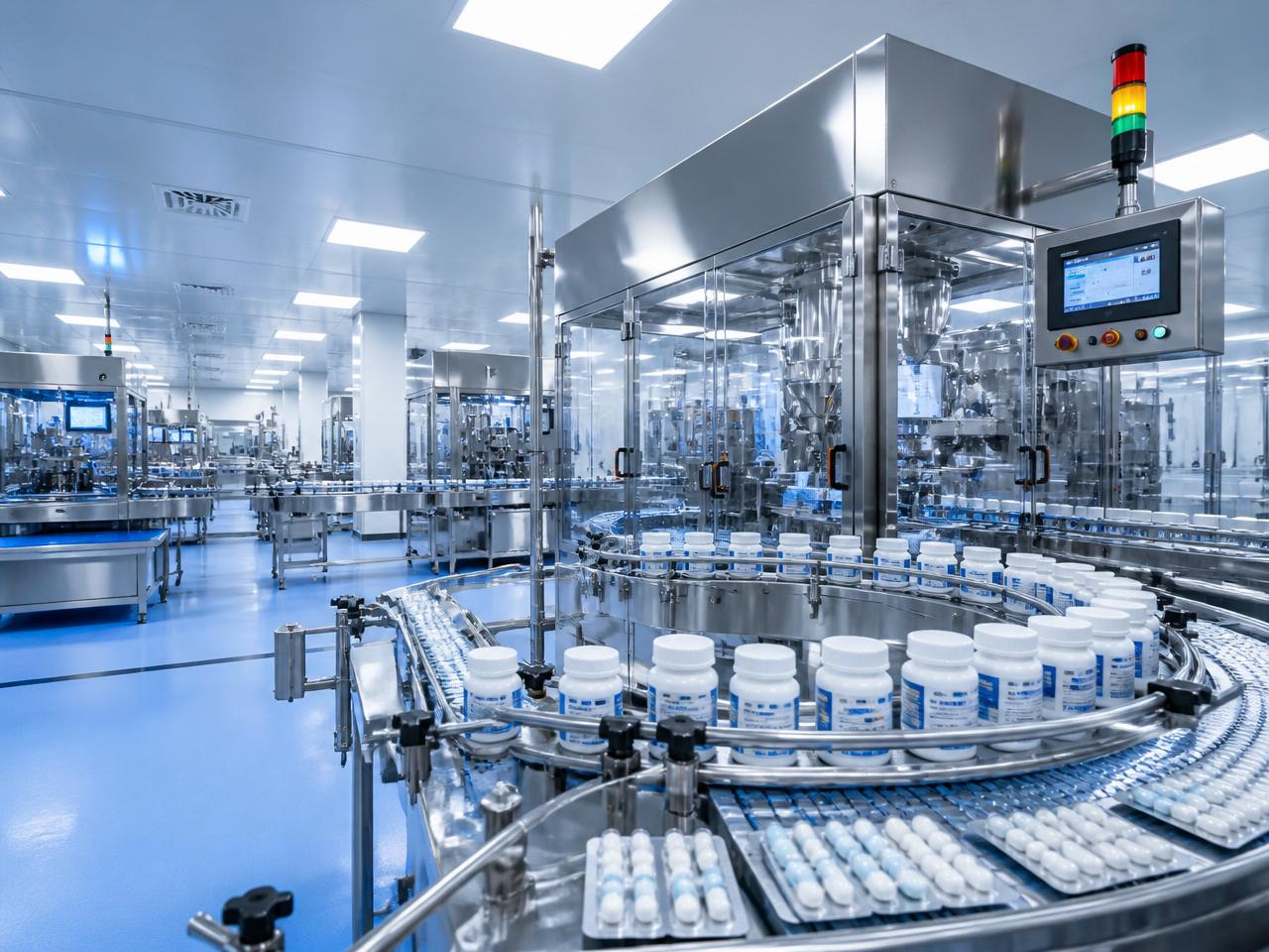 Modern pharmaceutical manufacturing clean-room with automated packaging lines